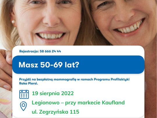 LEGIONOWO. Bezpłatna mammografia - 19 sierpnia! Zapisz się już dziś