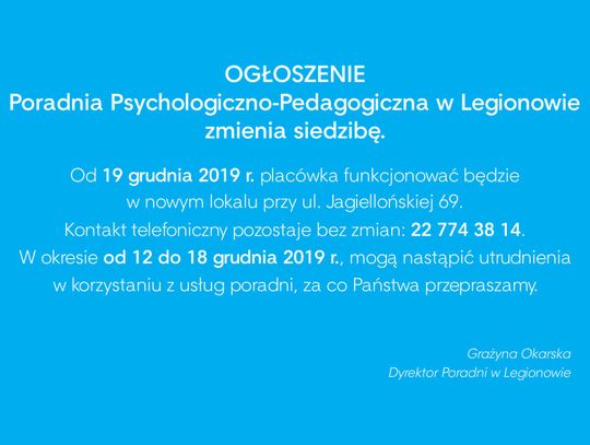 LEGIONOWO. Poradnia Psychologiczno-Pedagogiczna zmienia adres