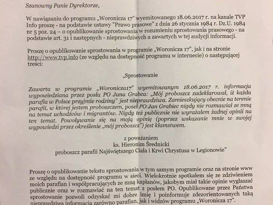 LEGIONOWO. Proboszcz prostuje nieprawdziwe wypowiedzi Jana Grabca - mamy odpowiedź posła!!!