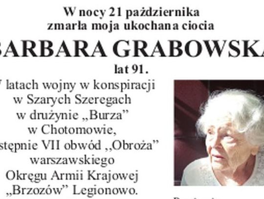 LEGIONOWSKI. Nie żyje Barbara Grabowska ps: Oleńka