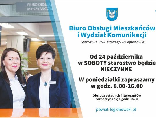 LEGIONOWSKI. Zmiana godzin pracy w starostwie