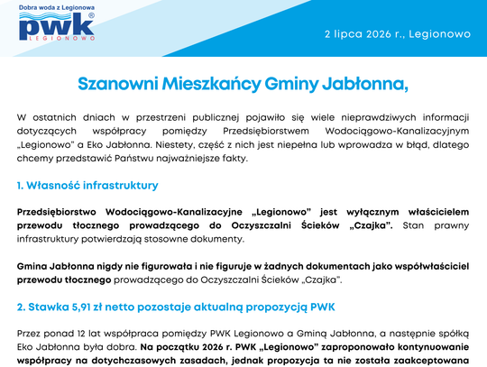 List Prezesa Zarządu PWK „Legionowo” Sp. z o.o., Grzegorza Gruczka, skierowany do Mieszkańców Gminy Jabłonna.