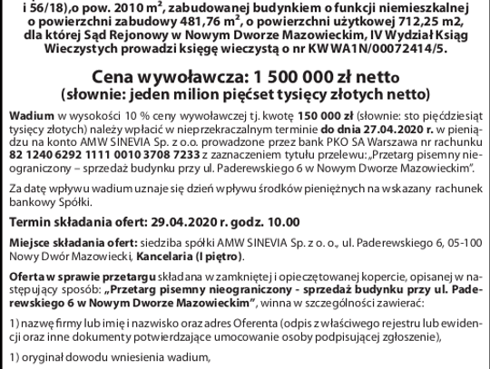 OGŁOSZENIE O PRZETARGU PISEMNYM NIEOGRANICZONYM NA SPRZEDAŻ NIERUCHOMOŚCI POŁOŻONEJ W NOWYM DWORZE MAZOWIECKIM PRZY UL. PADEREWSKIEGO 6