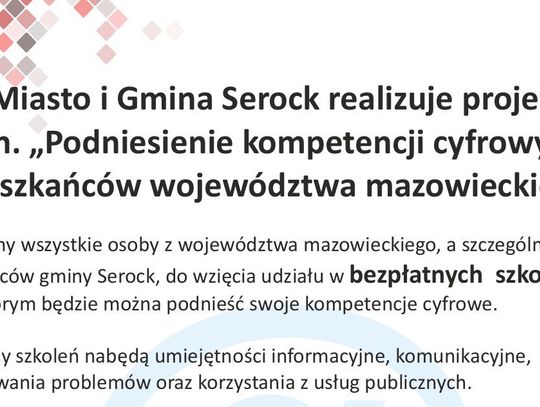 SEROCK. Bezpłatne szkolenia - „Podniesienie kompetencji cyfrowych mieszkańców województwa mazowieckiego”