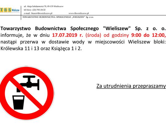WIELISZEW. Przerwa w dostawie wody na Królewskiej i Książęcej