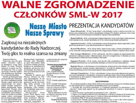 Zagłosuj na niezależnych kandydatów do Rady Nadzorczej. Twój głos to realna szansa na zmiany. WALNE ZGROMADZENIE CZŁONKÓW SML-W 2017