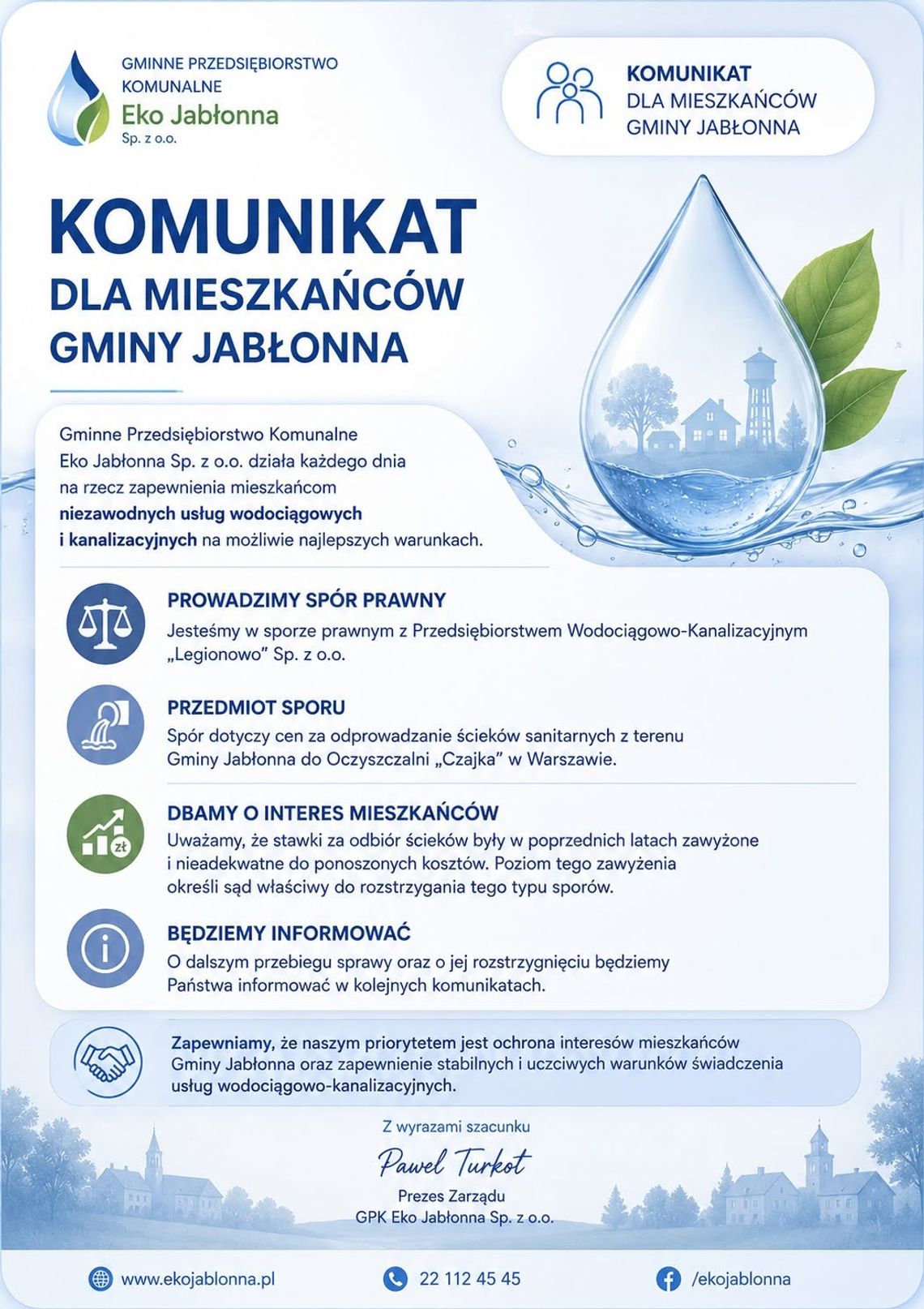 Komunikat Prezesa GPK Eko Jabłonna sp. z o.o. Pawła Turkota.