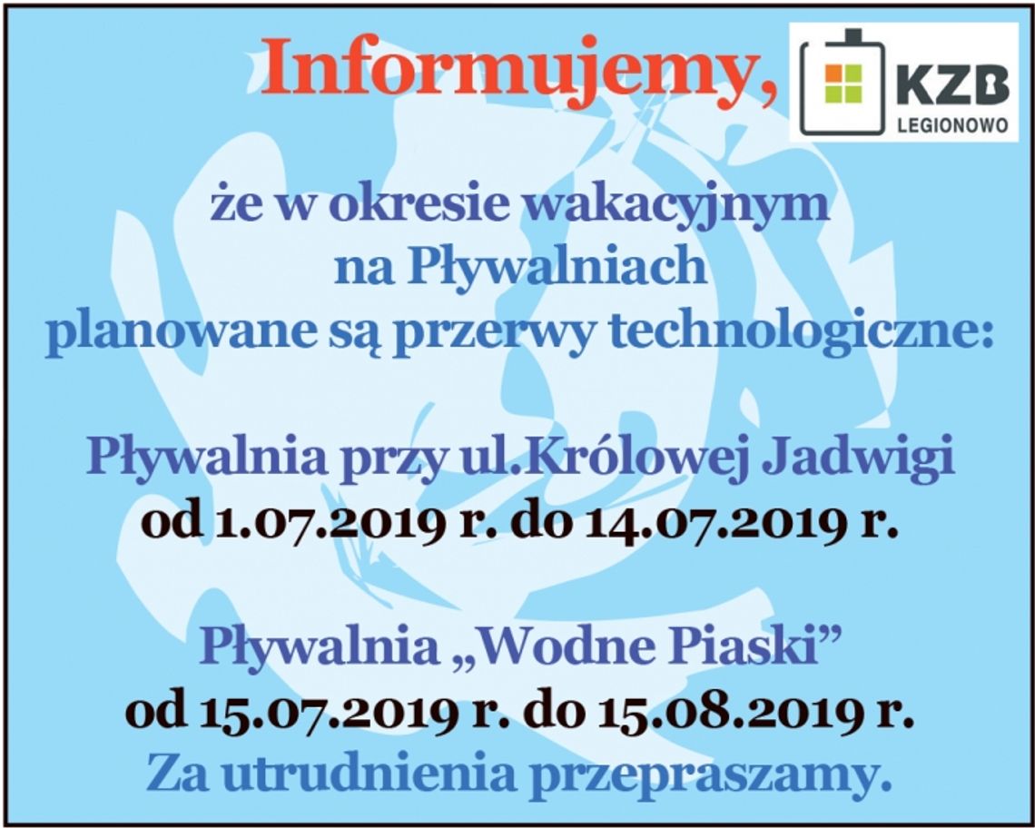 LEGIONOWO. Wakacyjne przerwy na pływalniach LEGIONOWO. Wakacyjne przerwy na pływalniach