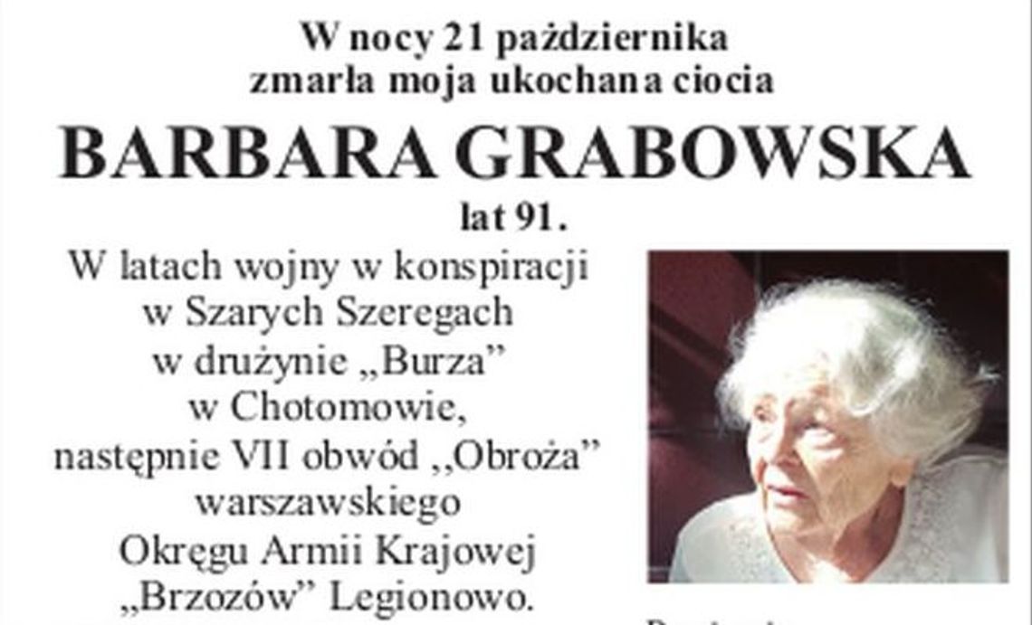 LEGIONOWSKI. Nie żyje Barbara Grabowska ps: Oleńka