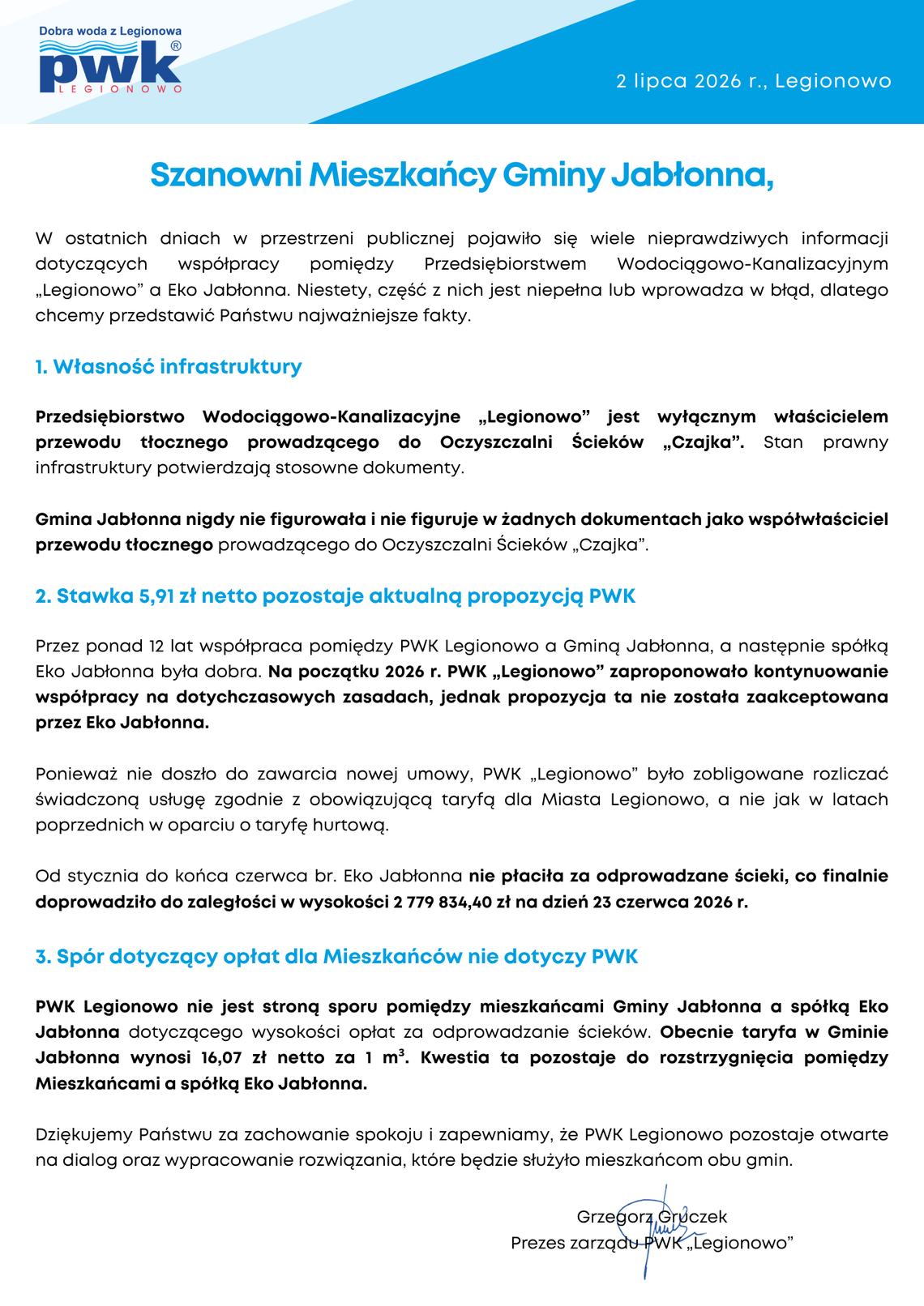 List Prezesa Zarządu PWK „Legionowo” Sp. z o.o., Grzegorza Gruczka, skierowany do Mieszkańców Gminy Jabłonna. List Prezesa Zarządu PWK „Legionowo” Sp. z o.o., Grzegorza Gruczka, skierowany do Mieszkańców Gminy Jabłonna.